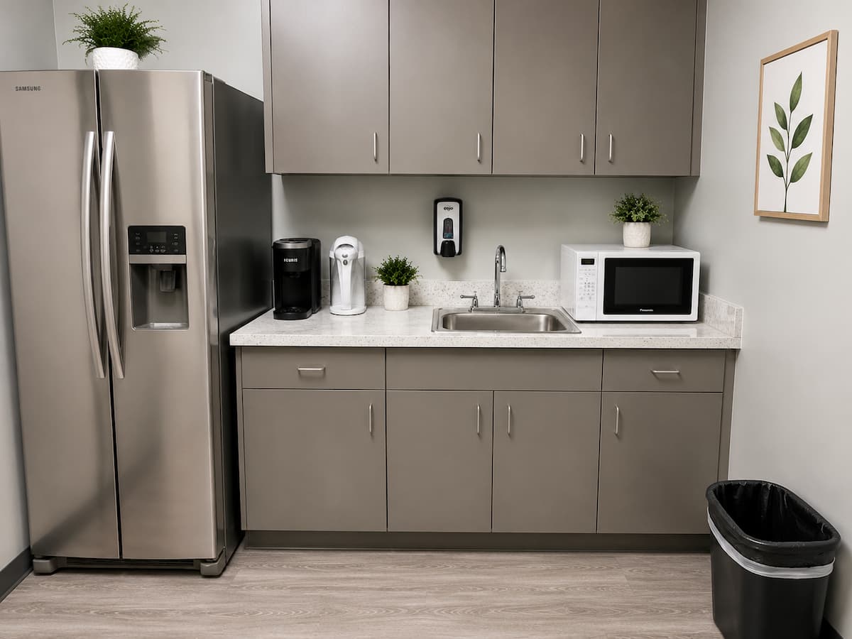 Clean office break room and kitchen area in Rochester Hills, MI